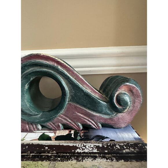 Vintage Wall Sconce Corbel Shelf solid wood Mexico blue burgundy 11x5” drape - Picture 3 of 16